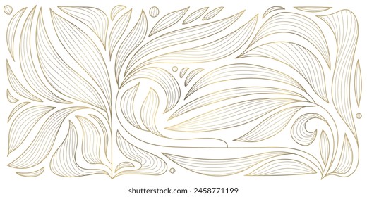 Vector art deco line gold pattern, luxury leaf floral texture, nouveau background. Modern design, jungle ornament, vintage decor element. Fancy nature illustration on white