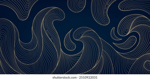 Vektor Art Deco Linie goldene Welle Hintergrund, abstrakte Wasser Textur, Japanische geometrische Meer Illustration. Kurven asiatischer Banner 