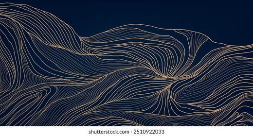 Vector art deco line gold wave background, abstract water texture, Japanese geometric sea illustration. Curve asian banner 