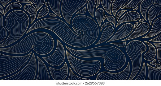Vector art deco line golden leaves background. Fancy luxury exotic foliage print, nature jungle elegant graphic, nouveau ornate pattern