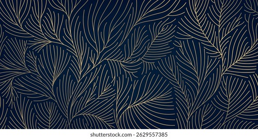Vector art deco line golden leaves background. Fancy luxury exotic foliage print, nature jungle elegant graphic, nouveau ornate pattern