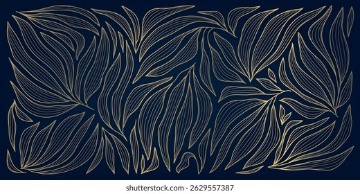 Vector art deco line golden leaves background. Fancy luxury exotic foliage print, nature jungle elegant graphic, nouveau ornate pattern