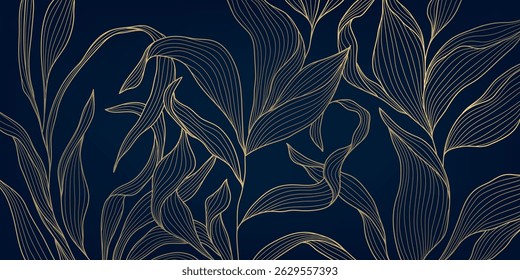 Vector art deco line golden leaves background. Fancy luxury exotic foliage print, nature jungle elegant graphic, nouveau ornate pattern