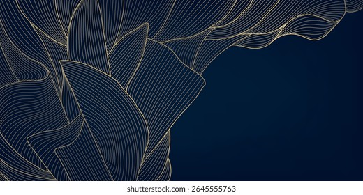 Vector art deco line leaves pattern, linear gold on blue floral luxury nature texture, elegant foliage background. Nouveau fancy jungle print. garden ornament, botanical exotic wallpaper