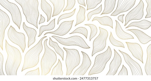 Vector art deco line pattern. Gold leaves abstract background, fancy nature ornament, plant flower texture. Wave nouveau print, vintage jungle illustration. 