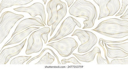 Vector art deco line pattern. Gold leaves abstract background, fancy nature ornament, plant flower texture. Wave nouveau print, vintage jungle illustration. 
