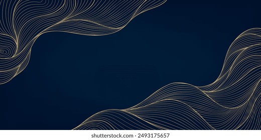 Vector art deco line wave pattern, gold on blue elegant texture, abstract wavy shapes. Premium illustration template, fancy dark copper graphic.