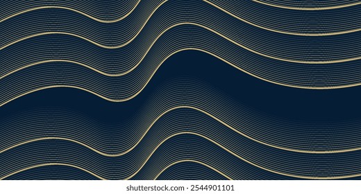 Padrão de onda de linha deco arte vetorial, ouro em textura elegante azul, formas onduladas abstratas. ilustração vektor