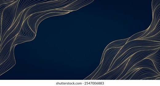 Patrón de onda de línea de Arte vectorial deco, dorado sobre textura elegante azul, Formas onduladas abstractas. Plantilla de ilustración de Premium, elegante gráfico de cobre oscuro.