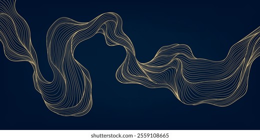 Vector art deco line wave pattern, gold on blue elegant texture, abstract wavy shapes. Premium illustration template, fancy dark copper graphic.