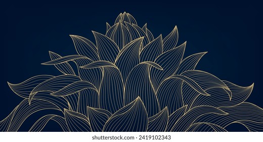 Vector art deco lotus flower illustration, golden line floral luxury background. Wedding flower abstract graphic, asian floral pattern.