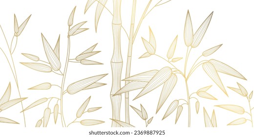 Vector art deco luxury bamboo leaves line pattern, golden background. Hand drawn florals for packaging, social media post, cover, banner, creative post and wall arts. Japanese style.