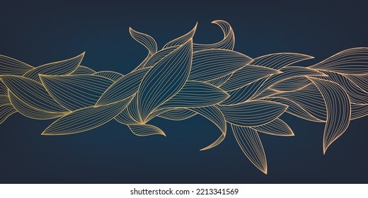 Vector art deco luxury floral line pattern. Hand drawn wavy leaves for packaging, social media post, cover, banner, creative post and wall arts. Japanese style. Black and golden background. 