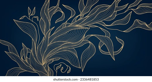 Vector art deco lujoso patrón de línea floral, fondo dorado. Plantas onduladas dibujadas a mano para empaque, publicación en medios sociales, portada, pancarta, post creativo y artes murales. Estilo japonés