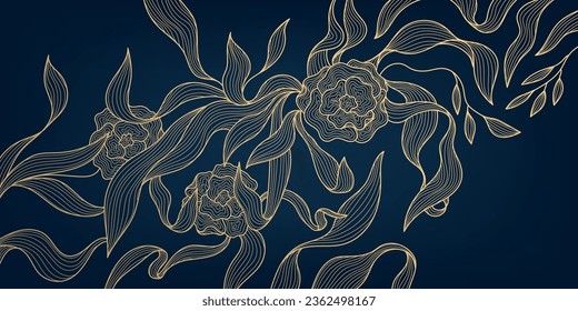 Vector art deco luxury floral line pattern, golden background. Hand drawn wavy plants for packaging, social media post, cover, banner, creative post and wall arts. Japanese style