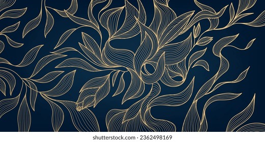 Vector art deco luxury floral line pattern, golden background. Hand drawn wavy plants for packaging, social media post, cover, banner, creative post and wall arts. Japanese style