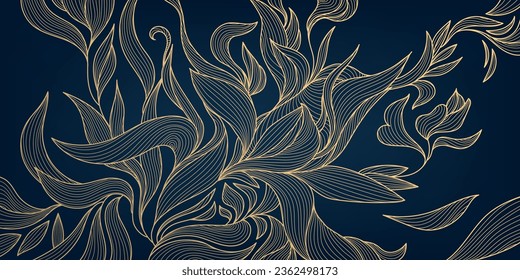 Vector art deco luxury floral line pattern, golden background. Hand drawn wavy plants for packaging, social media post, cover, banner, creative post and wall arts. Japanese style