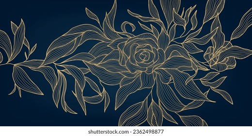 Vector art deco luxury floral line pattern, golden background. Hand drawn wavy plants for packaging, social media post, cover, banner, creative post and wall arts. Japanese style.