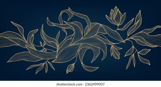 Vector art deco luxury floral line pattern, golden background. Hand drawn wavy plants for packaging, social media post, cover, banner, creative post and wall arts. Japanese style