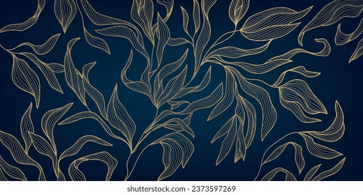 Vector art deco luxury floral line pattern, golden background. Hand drawn wavy plants for packaging, social media post, cover, banner, creative post and wall arts. Japanese style