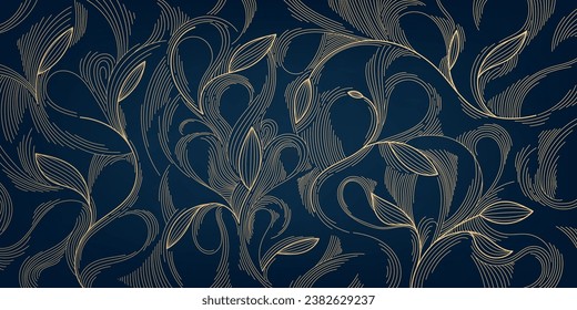 Vector art deco luxury floral line pattern, golden leaves background. Hand drawn wavy nature illustration for packaging, cover, banner, creative post and wall arts. Japanese style