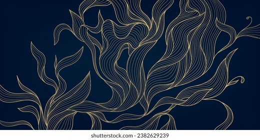 Vector art deco lujoso patrón de línea floral, dorado hojas fondo. Ilustración de la naturaleza ondulada dibujada a mano para empaque, cubierta, banner, post creativo y artes murales. Estilo japonés