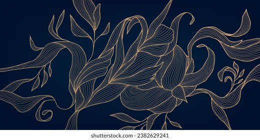 Vector art deco luxury floral line pattern, golden leaves background. Hand drawn wavy nature illustration for packaging, cover, banner, creative post and wall arts. Japanese style