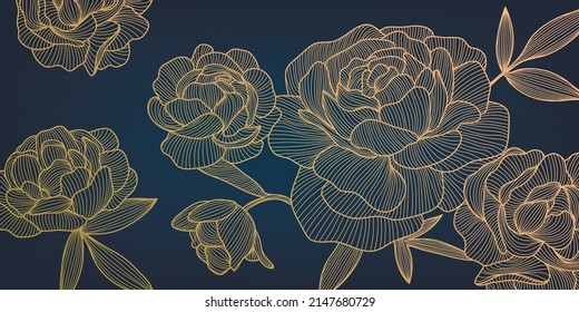 Vector art deco luxury flower line pattern, golden background. Hand drawn peonies for packaging, social media post, cover, banner, creative post and wall arts.