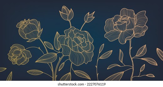 Vector art deco luxury flower, roses line pattern, golden background. Hand drawn florals for packaging, social media post, cover, banner, creative post and wall arts. Japanese style. Black and gold 