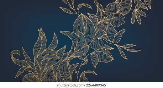 Vector art deco luxury flower line pattern, golden background. Hand drawn wavy plants for packaging, social media post, cover, banner, creative post and wall arts. Japanese style