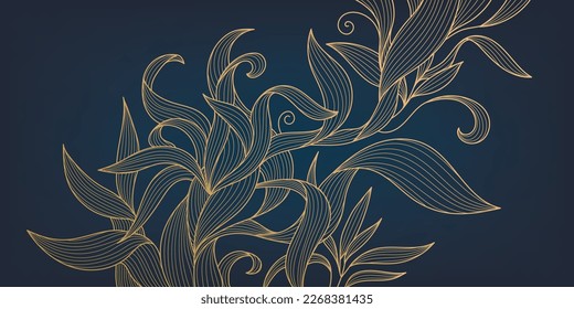 Diseño de líneas de flores de lujo vectorial art deco, fondo dorado. Plantas onduladas dibujadas a mano para empaque, publicación en medios sociales, portada, pancarta, post creativo y artes murales. Estilo japonés.