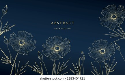 Vector art deco luxury flower, cosmos line pattern, golden background. Hand drawn florals for packaging, social media post, cover, banner, creative post and wall arts. Japanese style. Black and gold