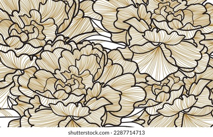 Vector art deco luxury flower line pattern, golden background. Hand drawn peonies for packaging, social media post, cover, banner, creative post and wall arts