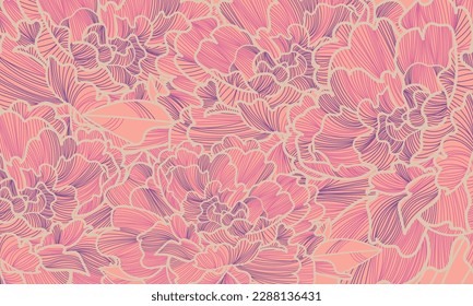 Vector art deco luxury flower line pattern, golden background. Hand drawn peonies for packaging, social media post, cover, banner, creative post and wall arts