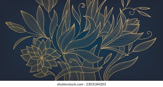 Vector art deco luxury flower line pattern, golden line background. Hand drawn wavy plants for packaging, social media post, cover, banner and wall arts. Japanese style.