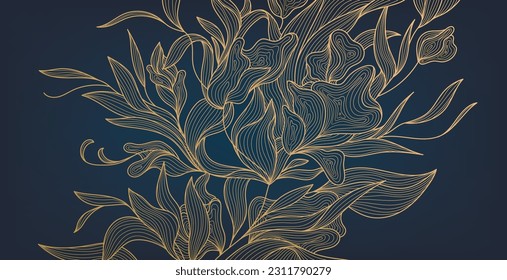 Diseño de líneas de flores de lujo vectorial art deco, fondo dorado. Plantas onduladas dibujadas a mano para empaque, publicación en medios sociales, portada, pancarta, post creativo y artes murales. Estilo japonés