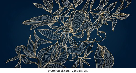 Flor de lujo vectorial art deco, patrón de línea de hojas, fondo dorado. Flores dibujadas a mano para empaque, publicación en medios sociales, portada, pancarta, post creativo y artes murales. Estilo japonés. Negro y oro