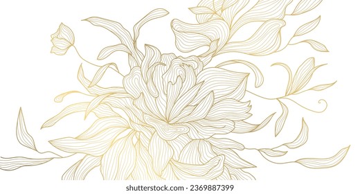 Vector art deco luxury flower, leaves line pattern, golden background. Hand drawn florals for packaging, social media post, cover, banner, creative post and wall arts. Japanese style.