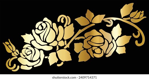 Vector art deco luxury flower, roses line pattern, golden background. Hand drawn florals 