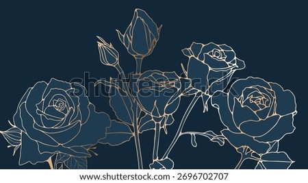 Vector art deco luxury flower, roses line pattern, golden background.