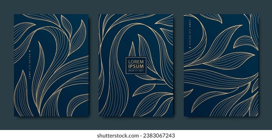 Vector art deco, luxury golden floral covers. Line japanese style leaves, nature texture patterns, cover, flyer templates. Elegant wavy vintage brochures. 