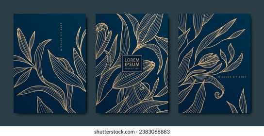 Vector art deco, luxury golden floral covers. Line japanese style leaves and flowers, nature texture patterns, cover, flyer templates. Elegant wavy vintage brochures. 