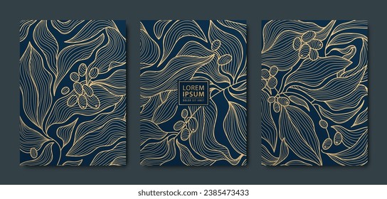 Vector art deco, luxury golden floral covers. Line japanese style leaves and coffee beans, nature texture patterns, cover, flyer templates. Elegant wavy vintage brochures. 