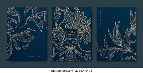 Decoración vectorial de arte, cubiertas florales doradas de lujo. Linea hojas y flores de estilo japonés, patrones de textura natural, carátulas, plantillas de volante. Elegantes folletos de época ondulada. 