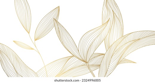 Vector art deco luxury leaf line pattern, golden background. Hand drawn wavy plants for packaging, social media post, cover, banner, creative post and wall arts. Japanese style