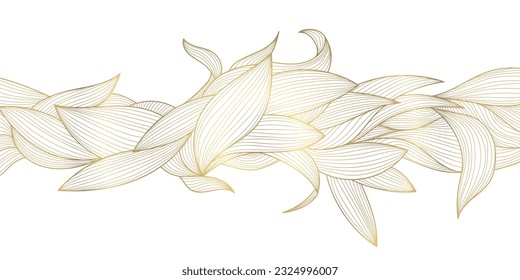 Vector art deco luxury leaf line pattern, golden background. Hand drawn wavy plants for packaging, social media post, cover, banner, creative post and wall arts. Japanese style
