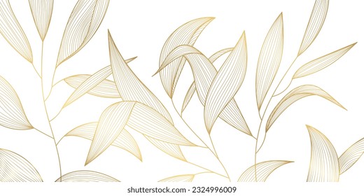 Vector art deco luxury leaf line pattern, golden background. Hand drawn wavy plants for packaging, social media post, cover, banner, creative post and wall arts. Japanese style