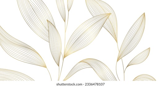 Vector art deco lujoso patrón de línea de hoja, fondo dorado. Plantas onduladas dibujadas a mano para empaque, publicación en medios sociales, portada, pancarta, post creativo y artes murales. Estilo japonés