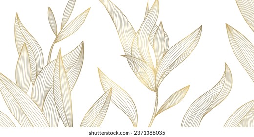 Vector art deco luxury leaves line pattern, golden background. Hand drawn florals for packaging, social media post, cover, banner, creative post and wall arts. Japanese style.