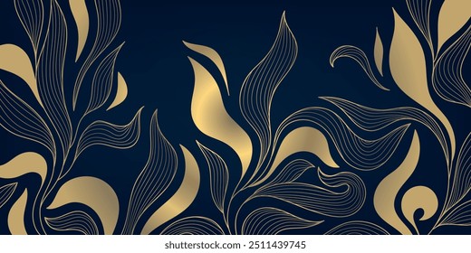 Vector art deco luxury leaves line pattern, golden background. Hand drawn florals for packaging, social media post, cover, banner, creative post and wall arts. Japanese style.